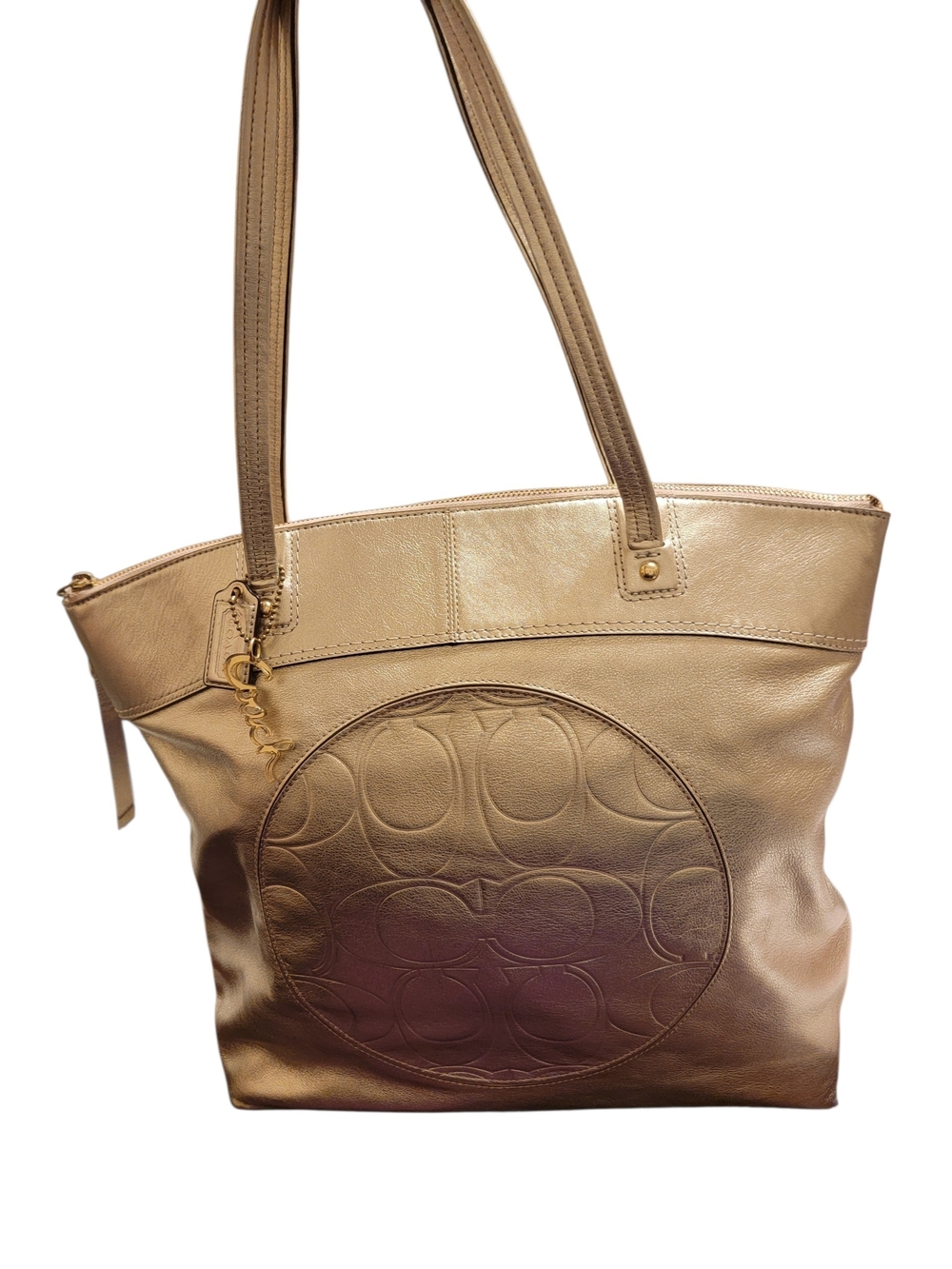 Coach Metallic Gold Large Leather Tote Bag with Signature Circle Emboss